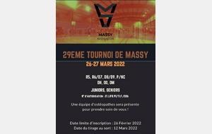 29ème Tournoi National Massy - 26 et 27 Mars - Gymnase Villaine 7h30 - 22h